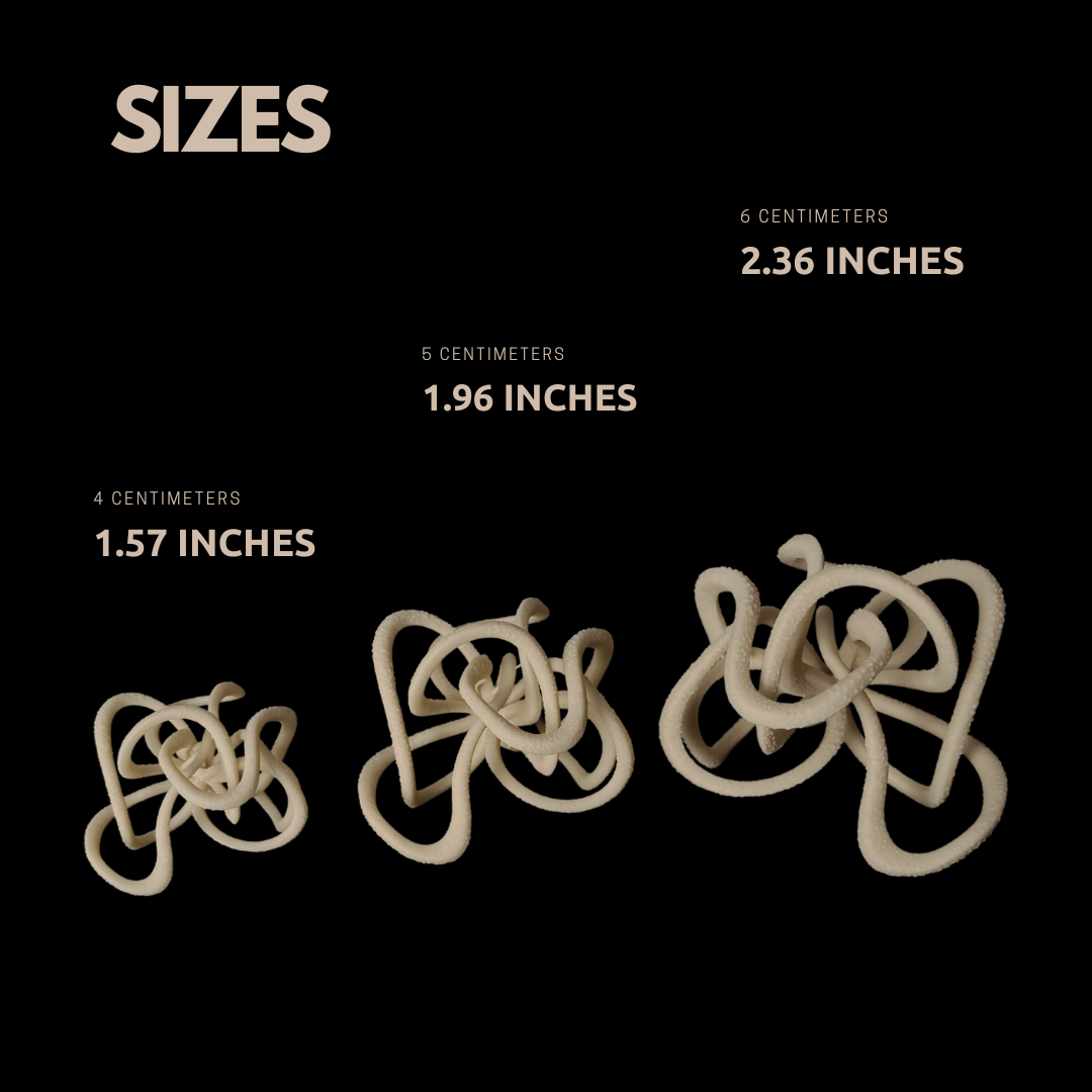 Three sizes of celecial loop , beige 3d printed earrings
with measurements in centimeters and inches on a black background.