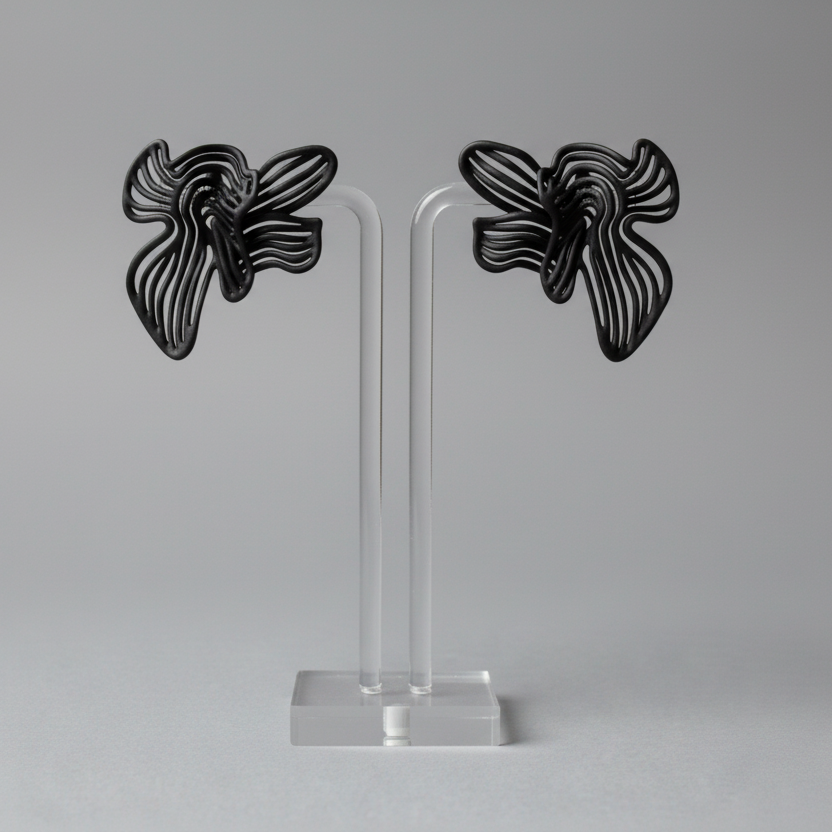 Pair of gold butterfly-shaped earrings on a white stand against a white background