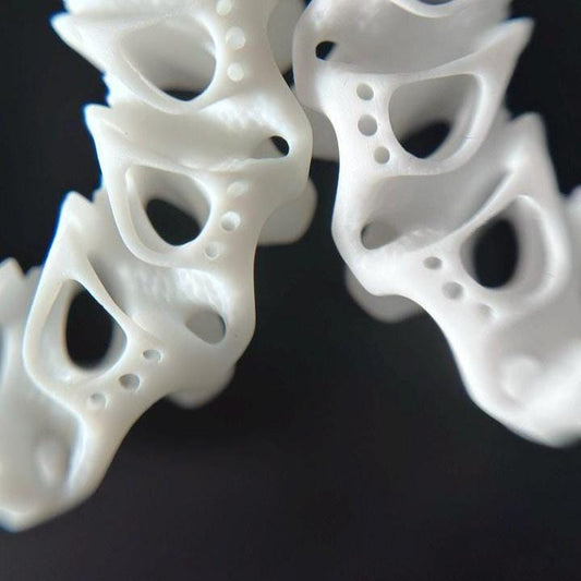 Close-up of sculptural resin hoops, highlighting the architectural coral detail.