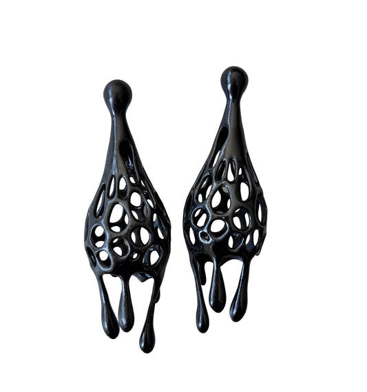 Pair of black earrings on a white background