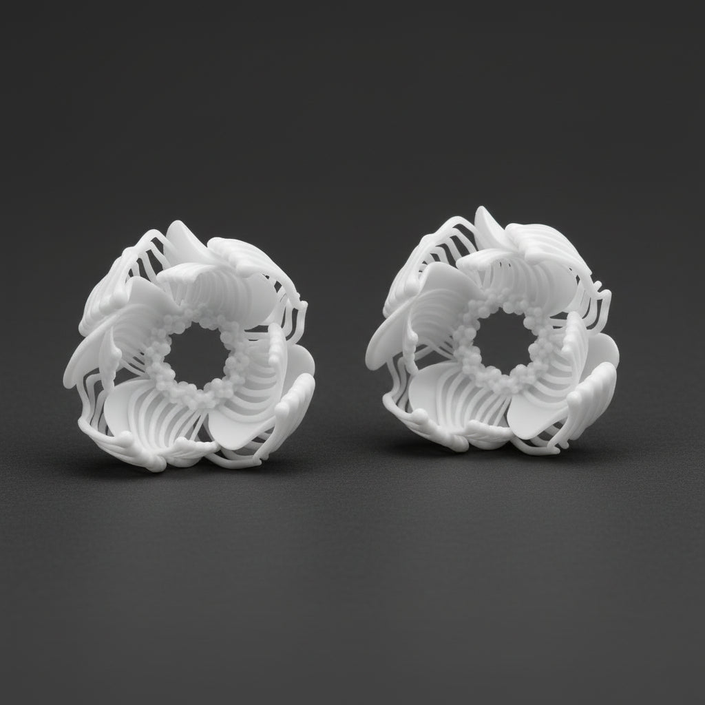 Two large, complex 3D printed stud earrings shaped like voluminous white flowers, resting on a black background.
