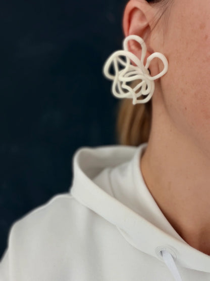 Sculptural white statement earring on ear, handcrafted jewelry by Eclipse Element