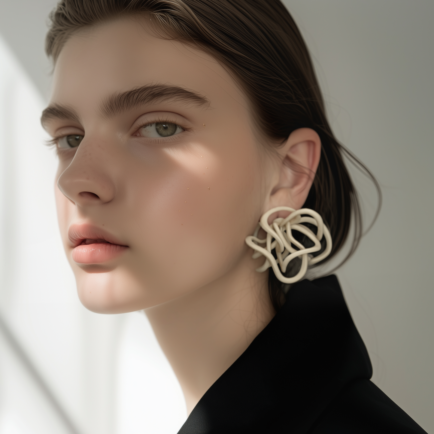 Close-up of a person wearing celecial loop , beige 3d printed earrings  with a neutral background