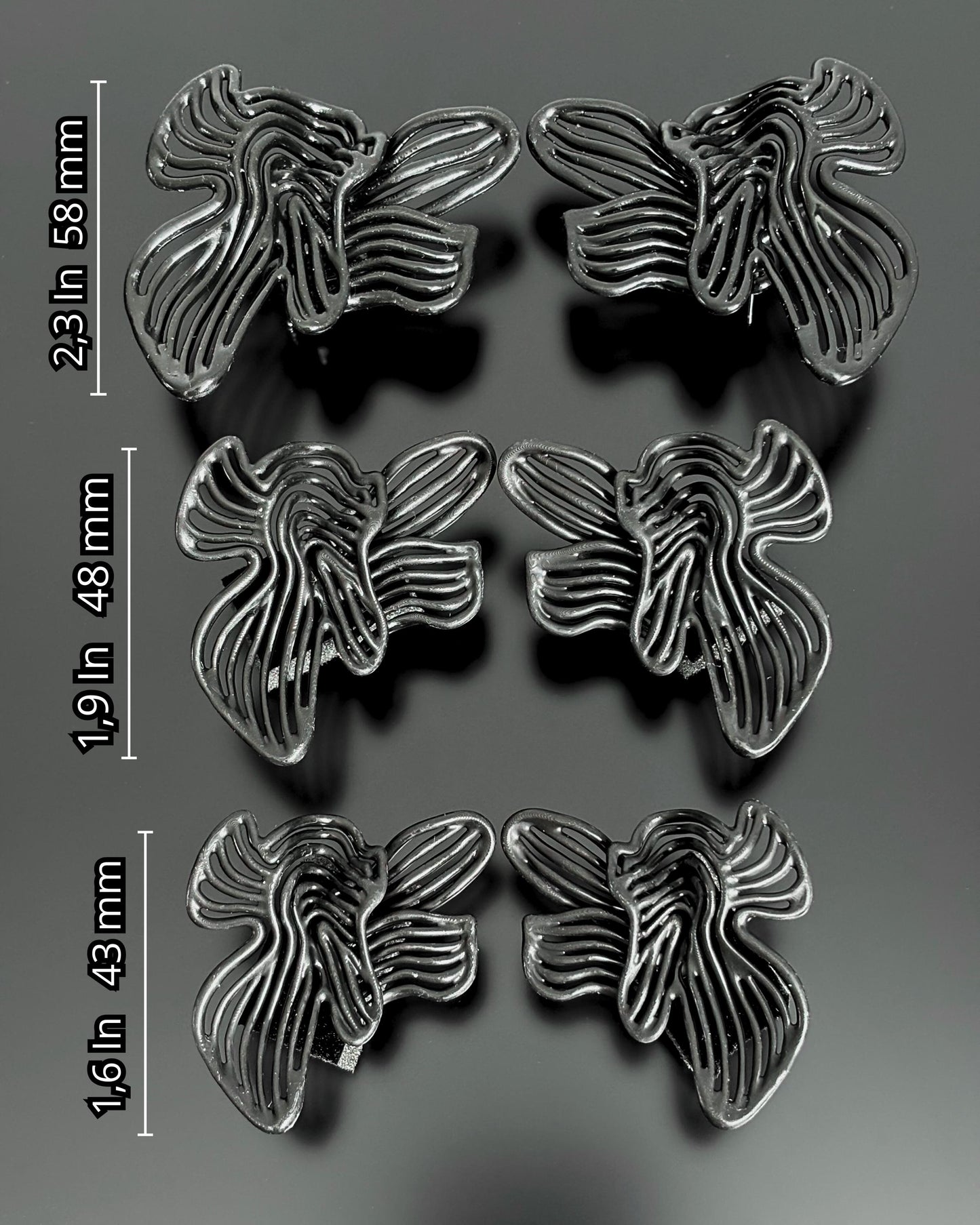 Image comparing 3 sizes of Rhythm earrings in mm and inches (58mm, 48mm, 43mm)