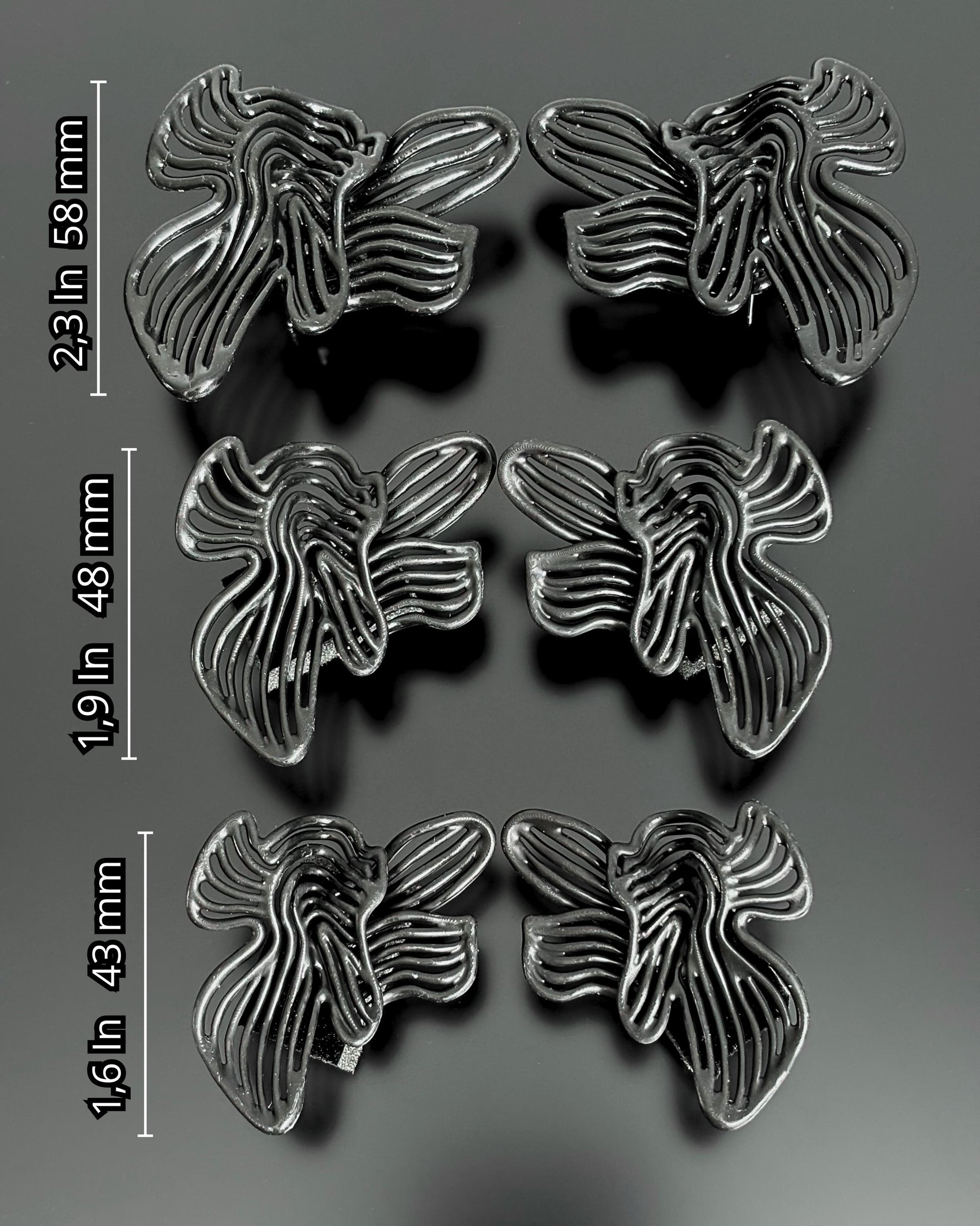 Image comparing 3 sizes of Rhythm earrings in mm and inches (58mm, 48mm, 43mm)