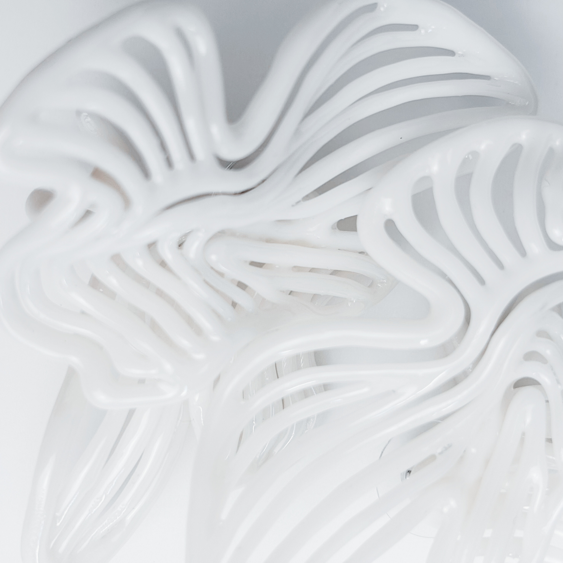 Close-up of a white large  floral statement earrings 