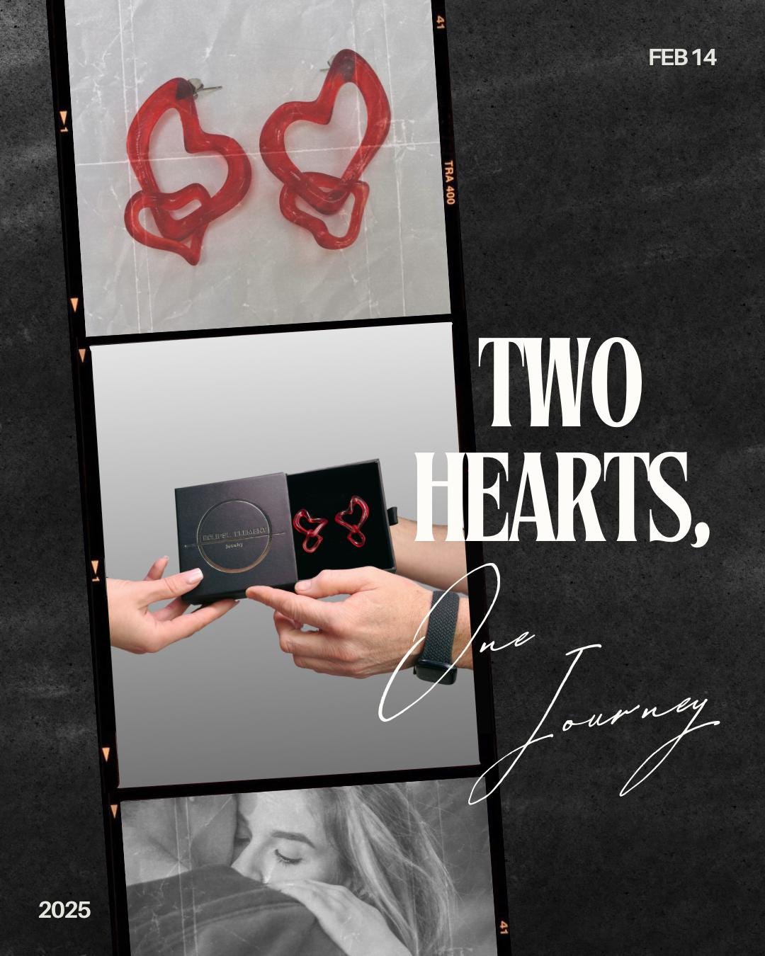 Heart-shaped earrings and packaging with 'Two Hearts, One Journey' text.