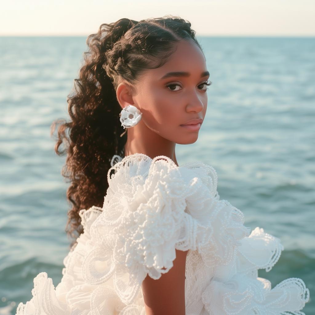 A young woman in a white dress at the beach, showcasing a large white 3D printed stud earring with a complex, layered design.
