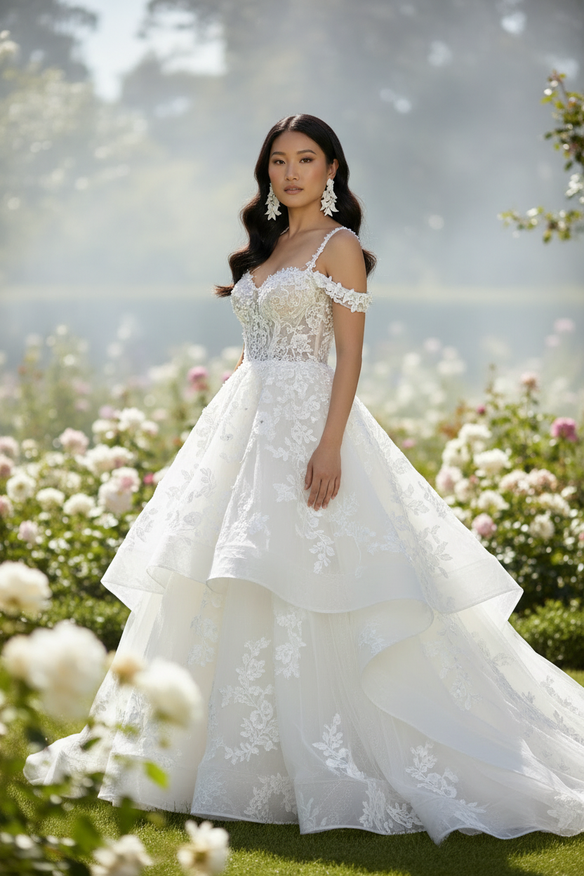 Woman in a white wedding dress standing in a garden with flowers