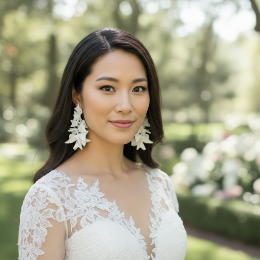 Woman wearing a white lace dress with floral earrings in a garden setting