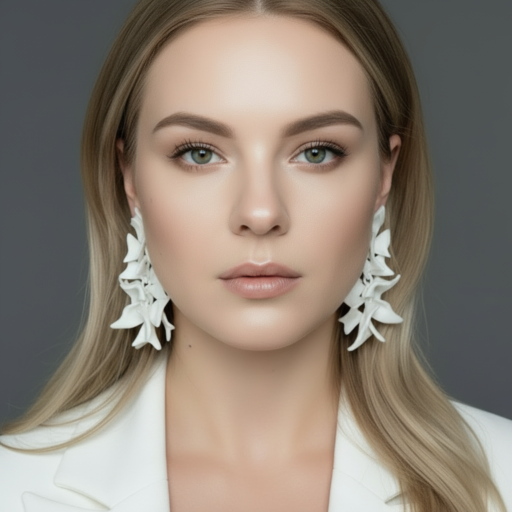 Woman wearing white floral earrings against a gray background