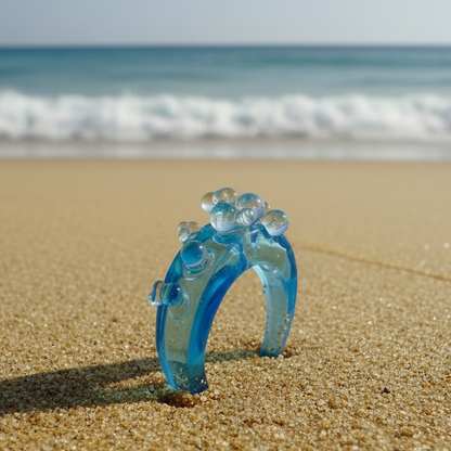 Blue glass ring with bubbles on a sandy beach