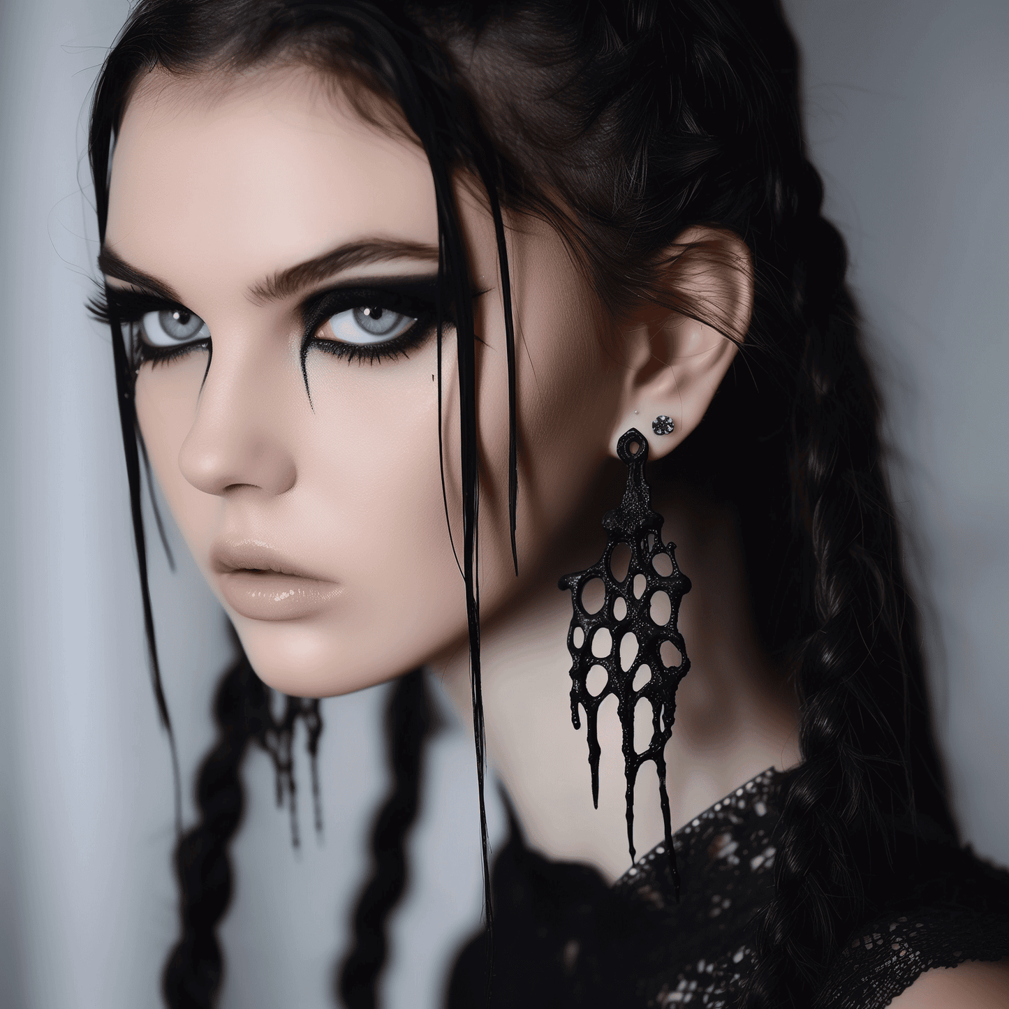 Statement earrings black styled on a model, emphasizing the avant-garde aesthetic and scale.