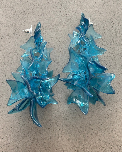 Frontal view of blue Gothic Drip Web earrings, full vertical display
