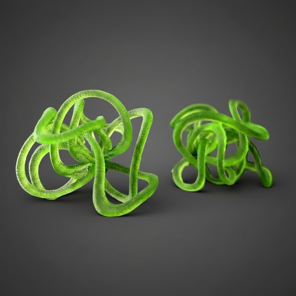 A pair of green, loop-shaped statement earrings against a black background.