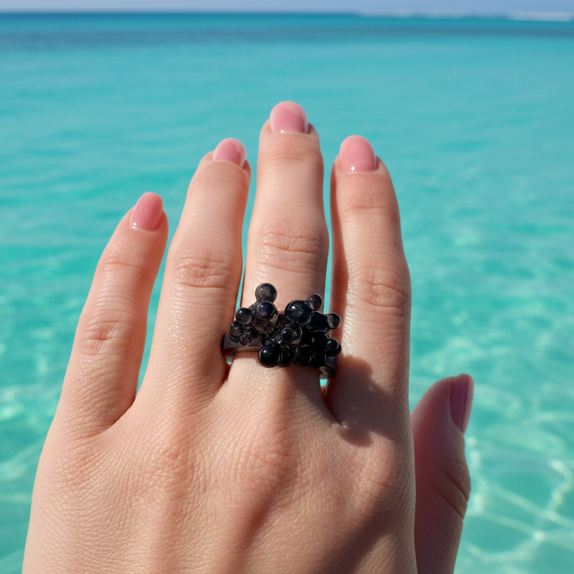 Hand wearing a black gemstone ring with turquoise water in the background