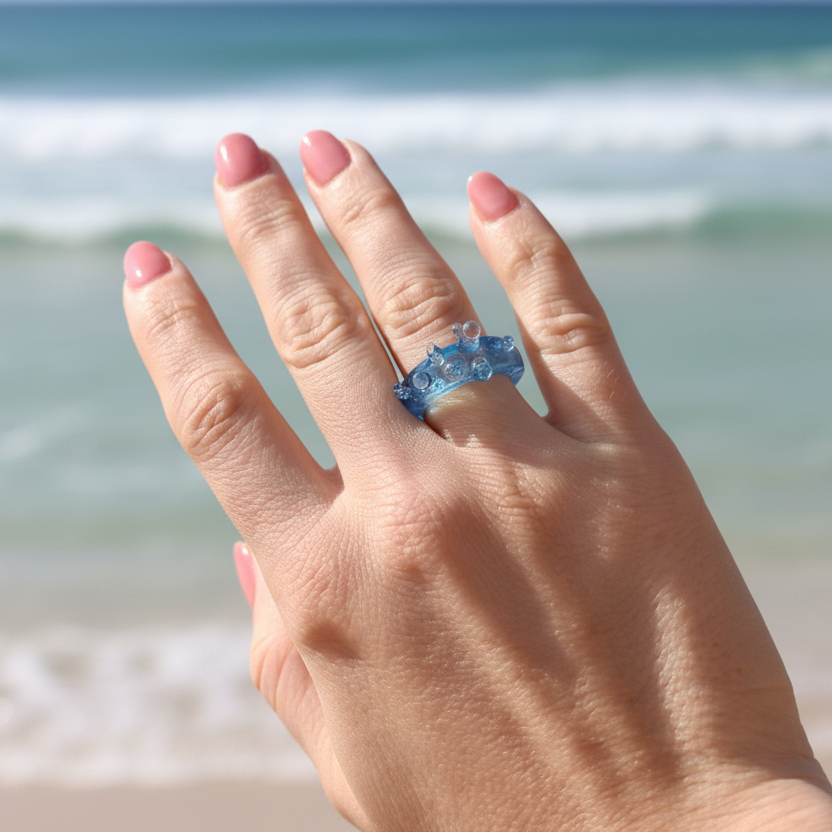 Hand wearing a blue ring with ocean waves in the background