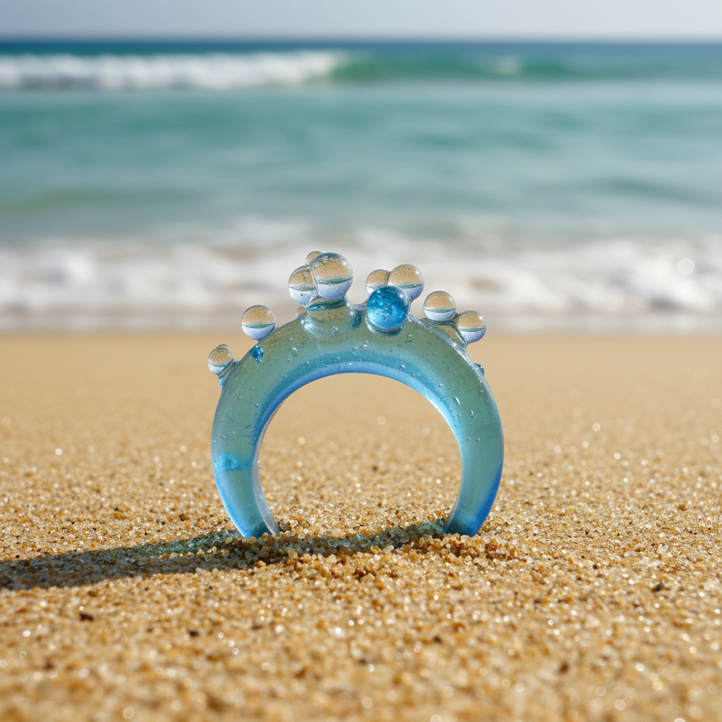 Blue crown-shaped object on a sandy beach with ocean waves in the background