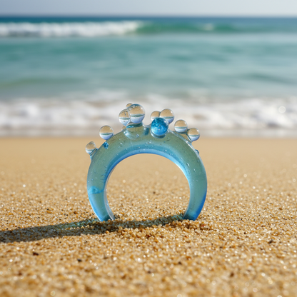 Blue crown-shaped object on a sandy beach with ocean waves in the background