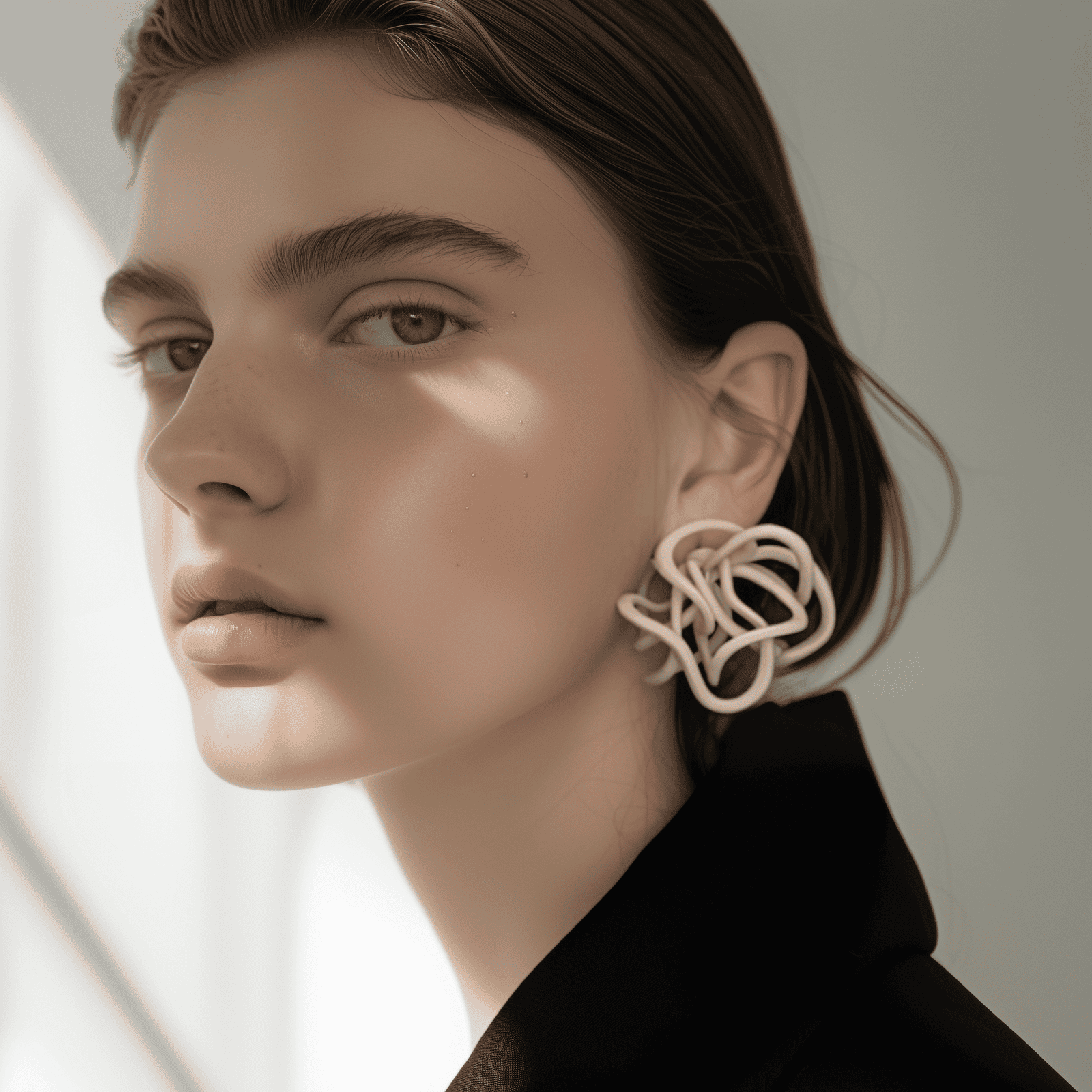 Model styled with ivory statement earrings, showing the elegant beige color.