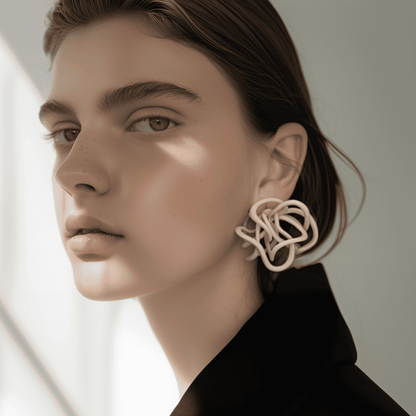 Model styled with ivory statement earrings, showing the elegant beige color.