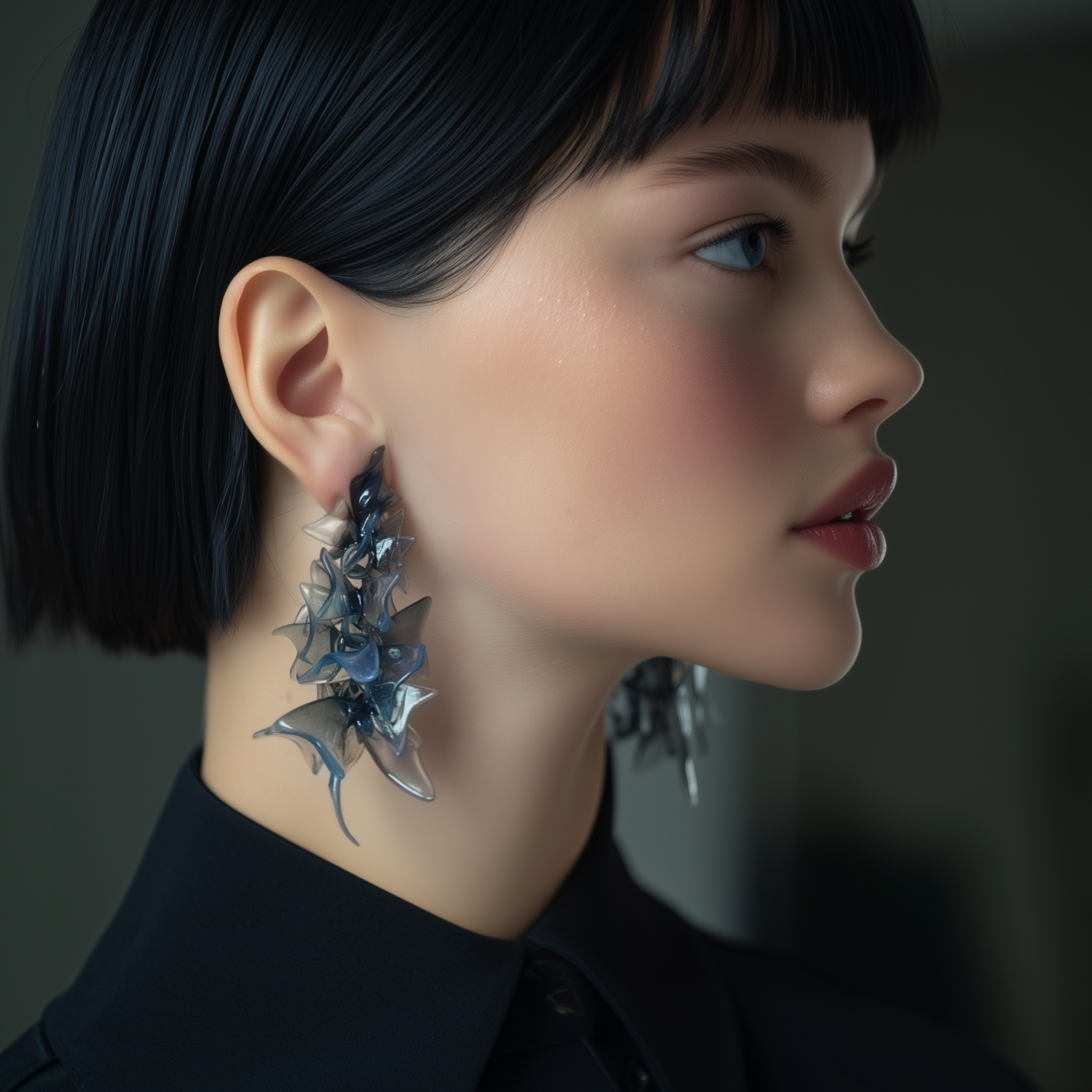Model wearing floral statement earrings in a bold gothic style.