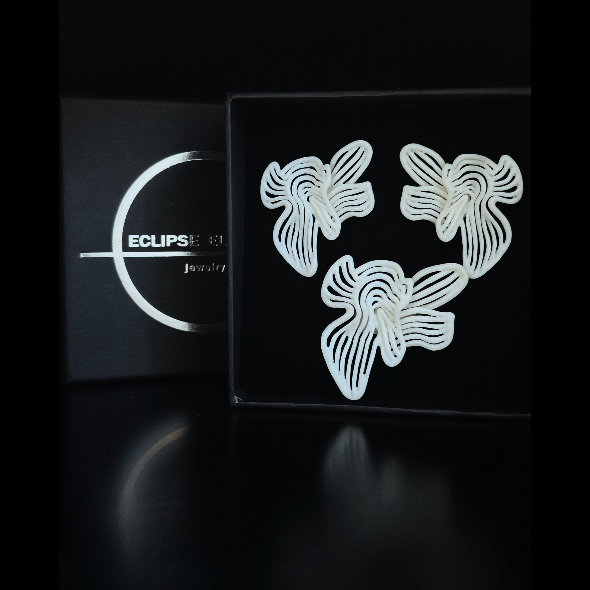 Display box view of the Rhythm White Earrings and Ring Set packaging