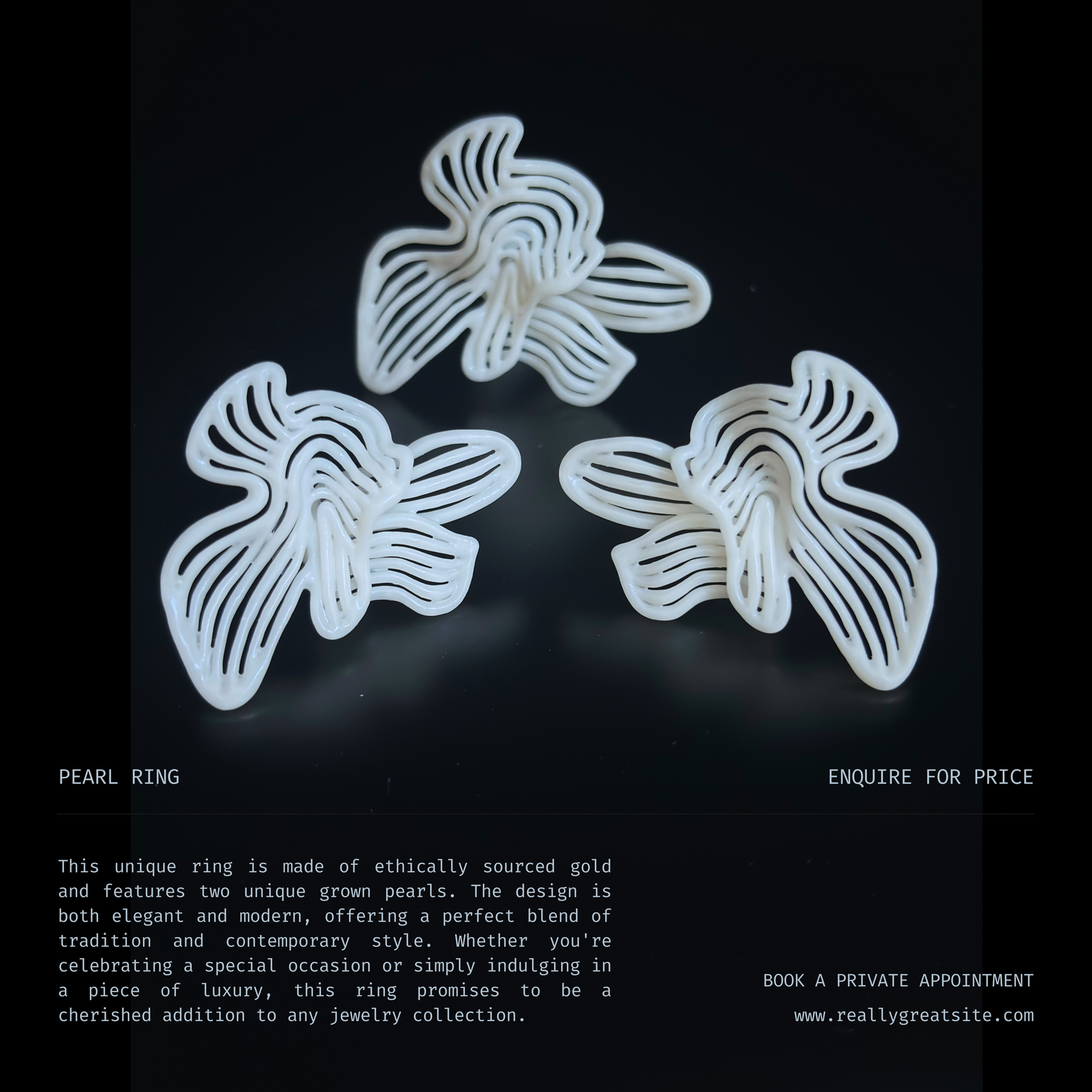 Close-up of the Rhythm White earrings and ring pair displayed flat