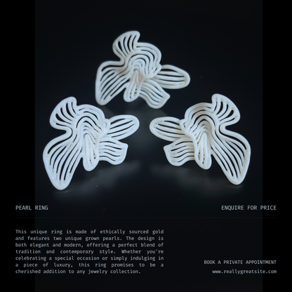 Close-up of the Rhythm White earrings and ring pair displayed flat