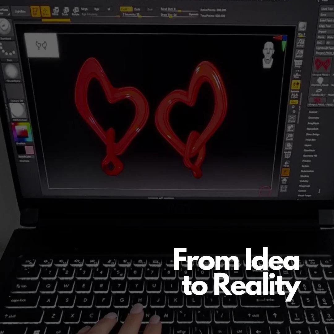 Image showing the 3D design and modeling process for the sculptural heart earrings gift.