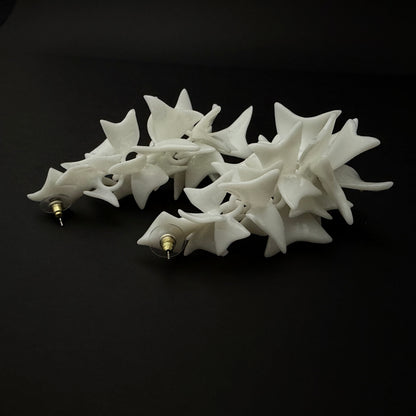 White star-shaped earrings hair clip on a black background